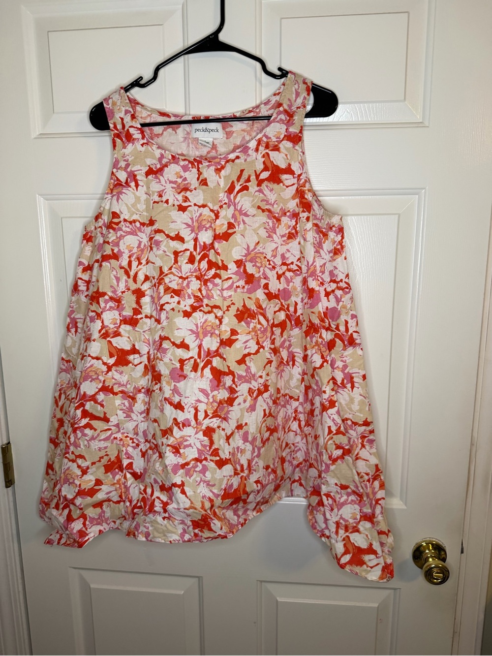 Peck & Peck Pink Coral Floral Linen Top beachwear to business casual Large